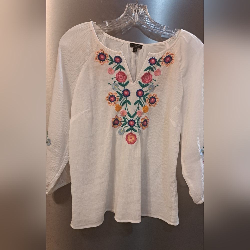 Talbots Blouse Floral Embroided  Beach Coastal Cover Up Gauze Small Pet